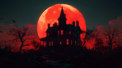 Wall Mural - halloween, creepy house with a large red moon in the background