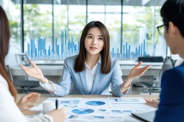 Poster - Businesswoman leading a meeting, discussing financial charts and data with colleagues in a modern office environment.