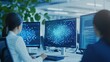 © PrusarooYakk - Computer scientists analyzing complex data visualization on multiple monitors in a modern office, focusing on artificial intelligence advancements.