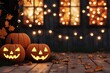 © PrusarooYakk - Festive Halloween scene with glowing jack-o'-lanterns, autumn leaves, and warm lights in the background on a wooden porch.
