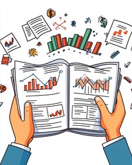 Poster - Hands holding an open business report with colorful charts and graphs, surrounded by floating data sheets and icons of financial success.