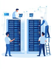 Aufkleber - Illustration of IT engineers working on data servers in a modern data center, showcasing teamwork and technology.