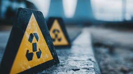 This image features multiple triangular hazard warning signs personifying danger and caution with an industrial background, emphasizing safety in hazardous environments.