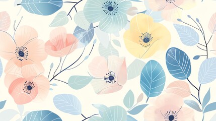 Naklejka na meble Soft and delicate pastel flowers and leaves, hand-drawn seamless pattern