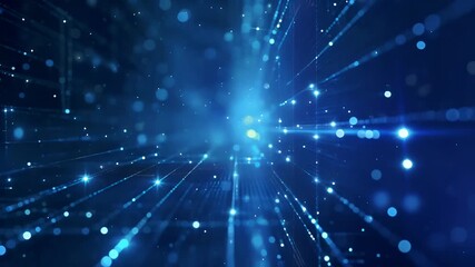 Wall Mural - video of blue digital particles and light rays streaming through dark background, data flow, futuris