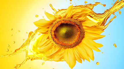 Wall Mural - Liquid vegetable sunflower oil, bio organic seeds cooking oil 3D splash and fresh sunflower isolated. Healthy food, skincare, beauty, cosmetic industry and balanced nutrition diet advertising design