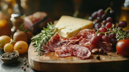 Wall Mural - Sliced gourmet meat, cheese, vegetables and fruits on wooden board