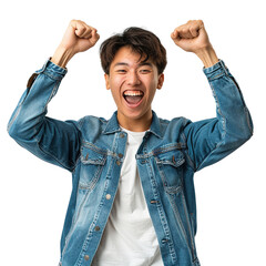 Wall Mural - A young man in a blue jacket is smiling and raising his arms in the air. Concept of joy and excitement, possibly indicating a celebration or a moment of triumph