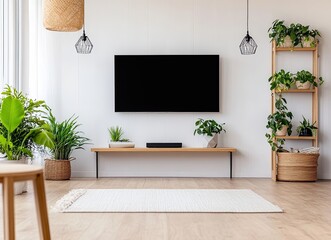 Wall Mural - A spacious living room features minimalist design elements, lush plants, warm wood accents, and a large TV creating a serene and inviting atmosphere