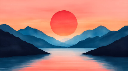 Wall Mural - Peaceful Mountain Lake Sunset  - Beautiful Illustration Perfect for Wall Art, Home Decor, or Social Media