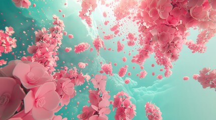 Wall Mural - Hypnotic 3D abstract scene with ethereal pink fractal blooms expanding and contracting over a serene turquoise backdrop