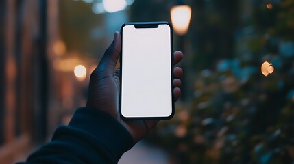 A person holding a mobile phone with a completely white screen, viewed from over the shoulder