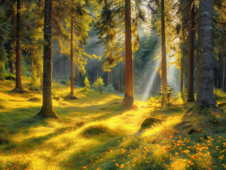 Canvas Print - A forest with trees and grass in the foreground and a field in the background. The sun is shining through the trees, creating a warm and peaceful atmosphere