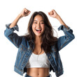 © zenith - Closeup portrait of happy asian girl celebrating with enthusiastic smile and pumped fists dressed in denim top isolated on transparent background