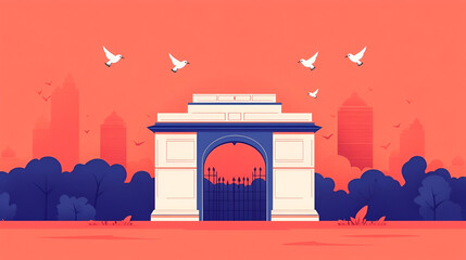 Wall Mural - Colorful Illustration of Iconic Arch in City Park. Perfect for Travel Posters, Brochures, and Websites.