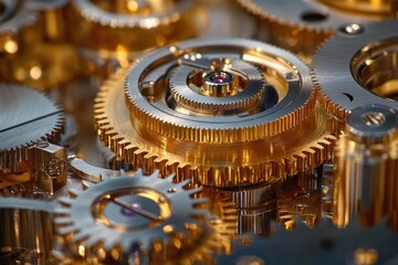Aufkleber - Complex mechanism of golden cogwheels working together