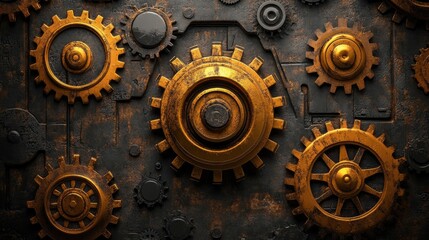 Aufkleber - Steampunk gears forming industrial mechanism on a metal plate