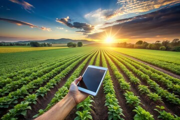 A lush green landscape of cultivated fields and modern technology blend, featuring a forgotten tablet lying amidst the crops, symbolizing advanced farming techniques.