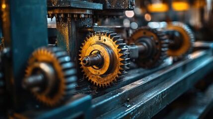 Poster - Large cogwheels, gears, axles, and bearings comprising the working mechanism of an industrial machine