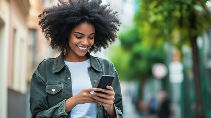 Wall Mural - happy young woman with an afro using her smartphone on the street