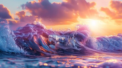 Colorful Ocean Wave. Sea water in crest shape. Sunset light and beautiful clouds