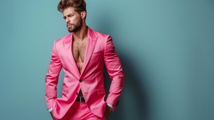 Wall Mural - A man in a pink suit stands in front of a blue wall