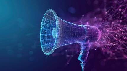 Futuristic digital megaphone emitting glowing connections, representing modern digital marketing, communication, and technology innovation.