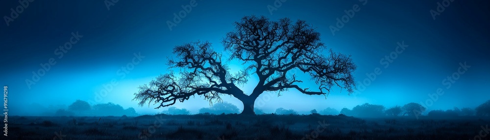 Ancient oak tree silhouetted against a darkening evening sky, creating ...