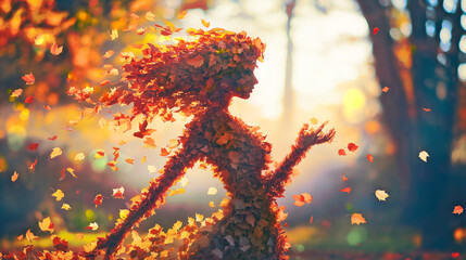 Wall Mural - girl in a dress made of autumn leaves dancing in a sunlit fall forest