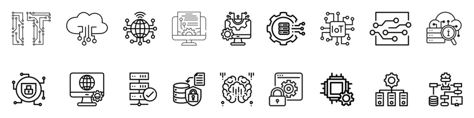 Line icons about information technologies. Contains such icons as cloud computing, data, programming, network, internet, digital transformation and more. IT editable stroke vector icon collection. 