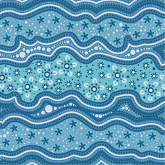 Wall Mural - A blue background design incorporating traditional Aboriginal dot patterns