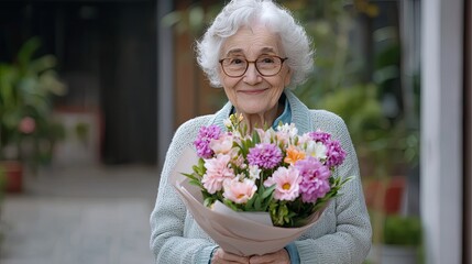 Close-up Happy elderly woman holding a bouquet of flowers, standing in her well-maintained garden, celebrating International Day of Older Persons, showing pride and joy, copy space for text,