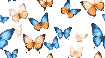 Brightly colored butterflies arranged on a white background create a stunning abstract nature composition with ample space for text SEAMLESS PATTERN