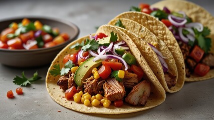 A mouthwatering corn tacos with veggies and salsa