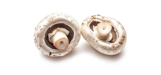 Two white button mushrooms isolated on a white background. Close up of the top and bottom of the mushrooms.