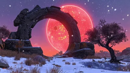 Wall Mural - a red sun is in the sky above a large rock arch. the sky is filled with stars and the moon is visibl