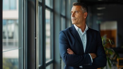 A man in a suit is standing in front of a window, looking out at the city