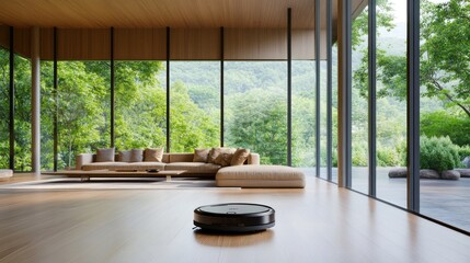 Poster - Modern Home with a Robot Vacuum Cleaner and Large Windows Overlooking a Green Landscape