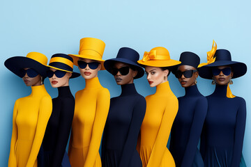 A group of women wearing yellow hats and blue dresses stand in a row. Concept of unity and harmony among the women, as they all wear matching outfits and accessories. The bright colors of the hats