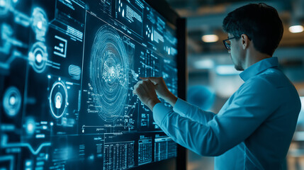 Businessman interacting with a digital interface.
