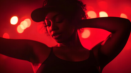 Poster - Slow motion of black afro woman dancing under red light