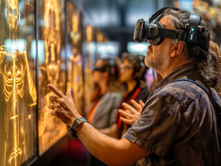 Wall Mural - A man wearing a virtual reality headset points at a skeleton on a screen. A group of people are watching him