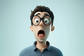 Shocked adult man 3d cartoon character illustration. 3d portrait of scared man with glasses on light background. People feelings expression concept