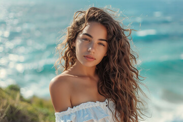 Cute attractive woman with curly hair on blurred ocean background