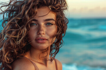 Wall Mural - Cute attractive woman with curly hair on blurred ocean background