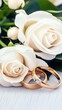 © lililia - Delicate white roses cradle two gleaming wedding rings, symbolizing love and unity in a serene wedding ceremony decor