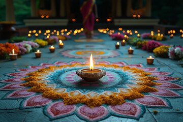 A woman lighting an oil lamp in the center of a Rangoli pattern on the floor, with colorful flowers and candles around it during the traditional festival Diwali.