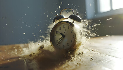 Wall Mural - Alarm clock dissolving on table indoors. Time is running out