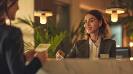 Wall Mural - In a hotel lobby, a woman in a black blazer hands a key card to a customer, both exchanging smiles. The friendly atmosphere highlights efficient service typical of a hotel reception.