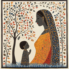 Traditional Gond art from India of a woman and a child against a textured white background.